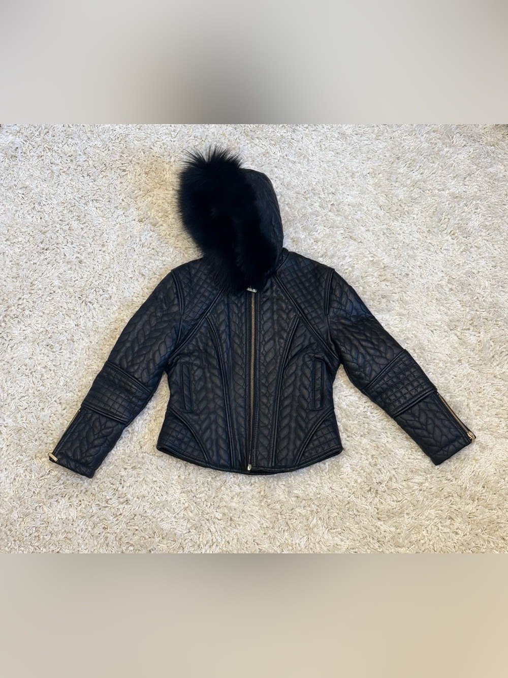 Oscar Kids Luxe Black Quilted 100% Leather Biker Moto Jacket Fur Trim Hood Sz 3